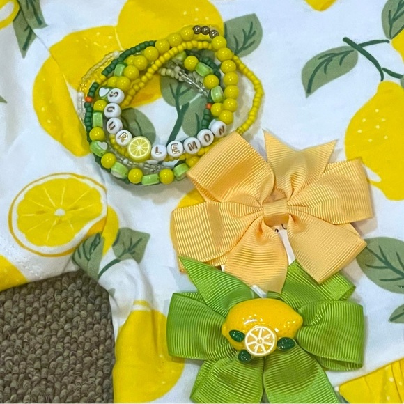 Girls dress size 4T sour lemons with matching hand made bracelets and hair bows - Picture 2 of 9